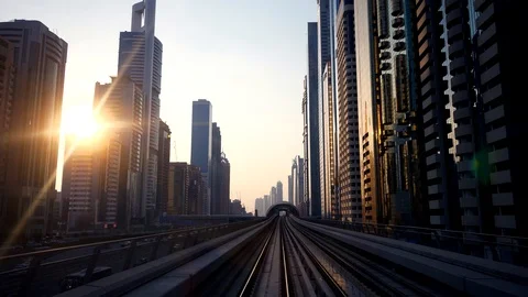 Train Railroad Track Moving Fast Commuting in Urban Cityscape Buildings Stock-Footage 103597875