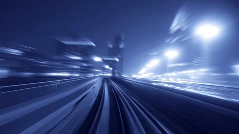 Train Railroad Track Moving Fast Commuting in Urban Cityscape Buildings Stock Footage 103597917