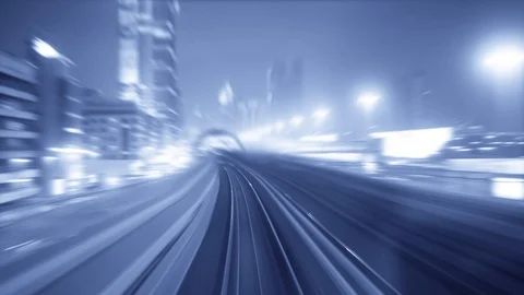 Train Railroad Track Moving Fast Commuting in Urban Cityscape Buildings Stock Footage 103597963