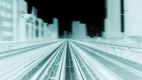 Train Railroad Track Moving Fast Commuting in Urban Cityscape Buildings Stock Footage 103598136