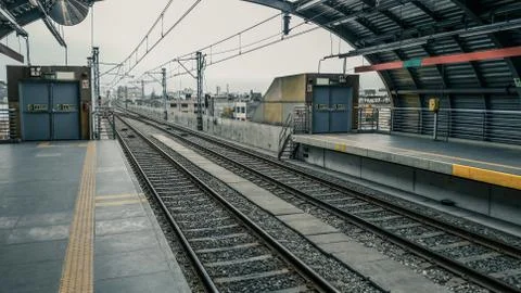 Train rails of one of the subway stations of Lima Stock Photos