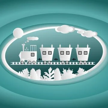 Train on rails in paper cut style. Vector illustration. Stock Illustration