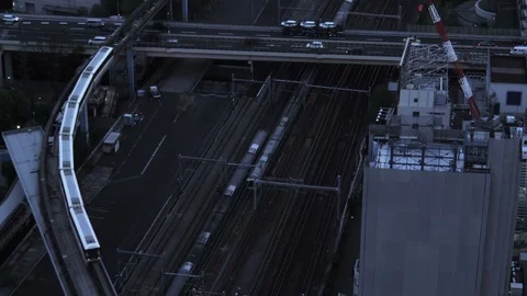 Train on railway in the city Stock Footage 104707141