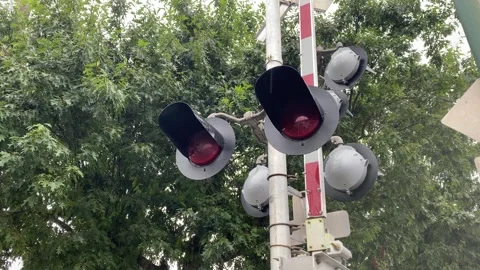 Train Railway Light signals Red during rain Stock Footage 282549983