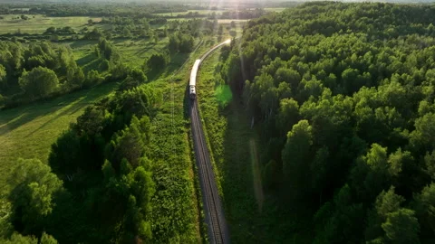 Train on railway in motion, aerial view. 库存影片 252987282