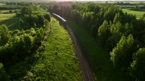 Train on railway in motion, drone view. Stock Footage 201212973