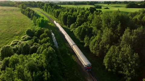 Train on railway in motion, drone view. 動画素材 201213094