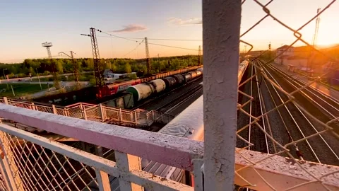 Train on the railway, sunset Video stock 144775483