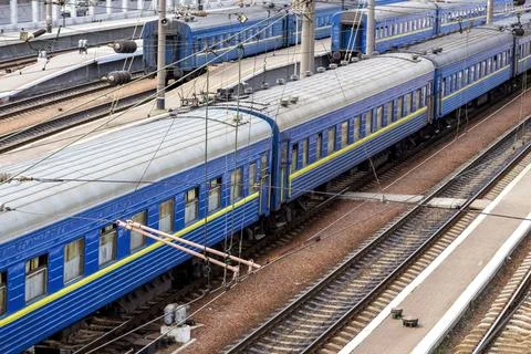 The train. Railway transport. The train pulls a lot of carriages. Stock Photos