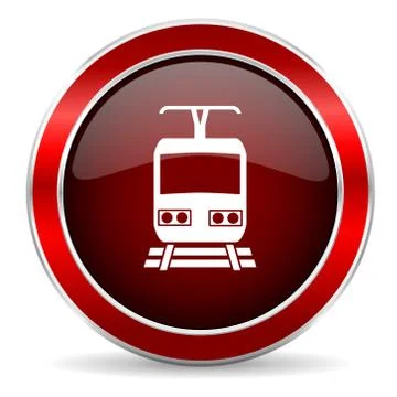 Train red circle glossy web icon, round button with metallic border Stock Illustration