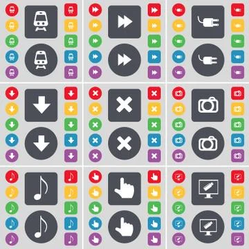 Train, Rewind, Socket, Arrow down, Stop, Camera, Note, Hand, Monitor icon symbol Illustrazione stock