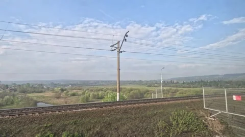 Train ride, siberia, forests, bridge across a small river, fields, hills Stock Footage 244744391