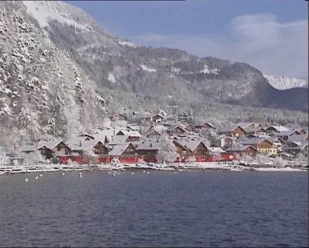Train rides along the lakeshore, chalets Brienz village in background Stock Footage 45574176