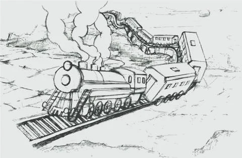 Train rides at high speed sketch drawing Stock Illustration
