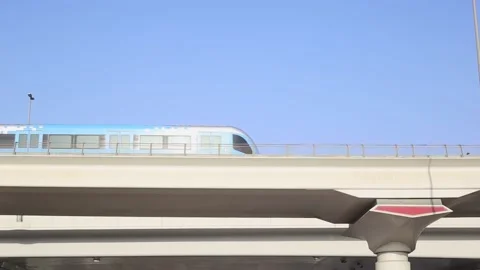 The train rides on the monorail against the blue sky. Stock Footage 150417784