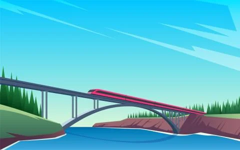 Train rides over the bridge Stock Illustration