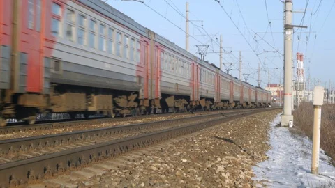 Train rides on rails, blue sky and communications Stock Footage 124494528