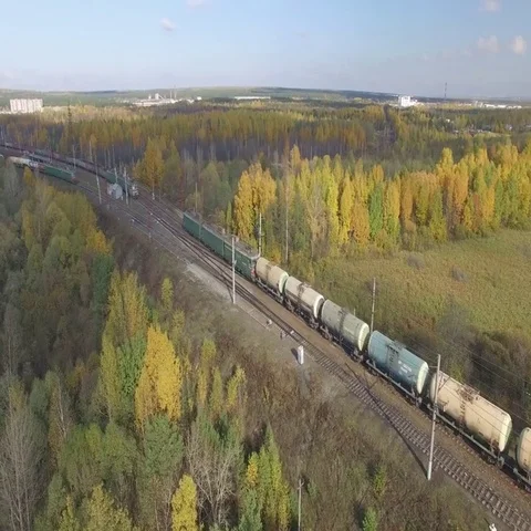 Train rides through an autumn forest on the horizon you can see the city. 動画素材 69636915