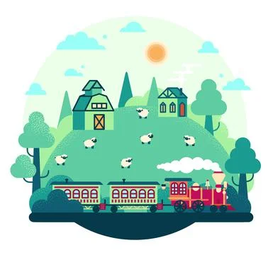 Train rides through a field with sheep, Vector cartoon illustration Illustrazione stock