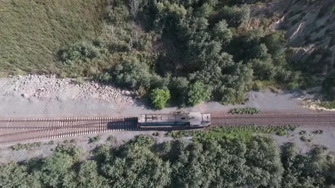 The train is riding on the railroad tracks in the middle of the woods Video stock 202068261
