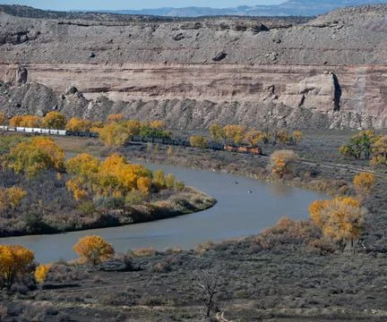 Train, River, Canyon, Rafters Stock Photos