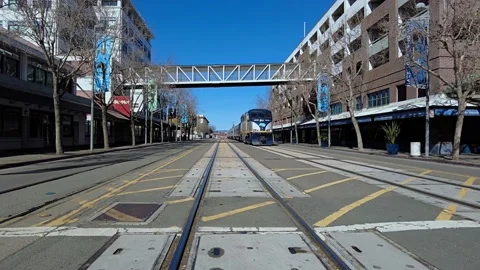 Train Rolling Down a City Street - Into Oakland, California Video stock 150076743