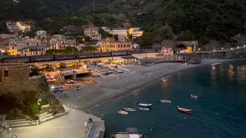 Train rolls through Cinque Terre town of Manarola, Italy Stock-Footage 256186171