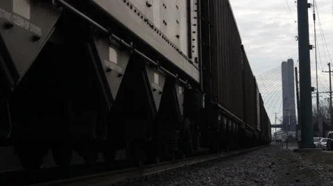 Train Rolls Under Distant Bridge And By Camera Stock Footage 45933108