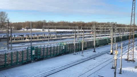 Train with round timber in the carriages, winter Stock Footage 263988803