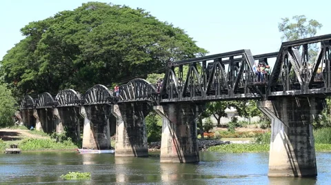 Train run on bridge landmark of thailand Stock Footage 50154046