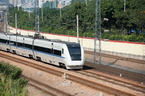 Train running on rail Stock Photos
