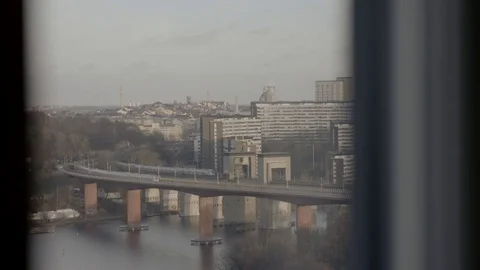 Train runs on a brige Stock Footage 71124494