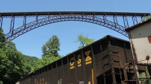 Train Runs Under Worlds Second Largest Single Arch Bridge Stock Footage 44474223