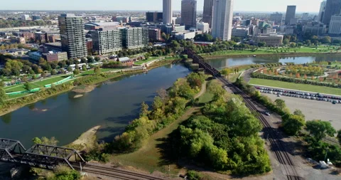 Train, The Scioto River, and Downtown Columbus Stock Footage 146836594