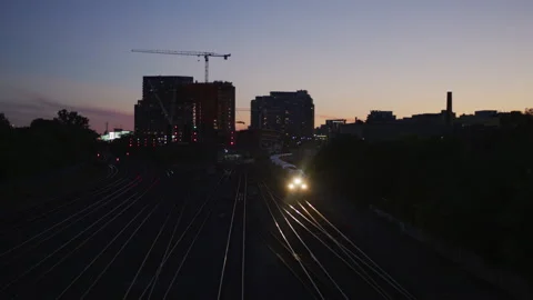 Train seen from Bathurst Bridge, Toronto Stock Footage 217932254