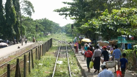 Train shot, train stop in Yangon periphery, Burma, Asia in 4K Stock Footage 94709513