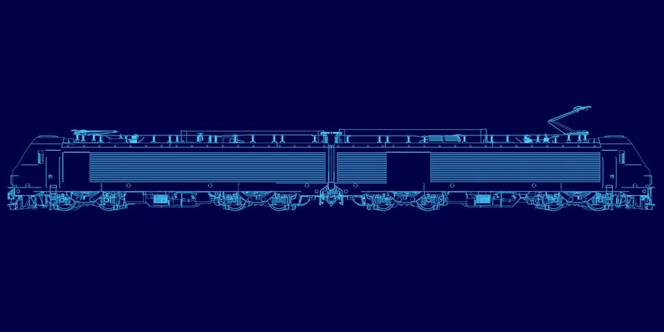 Train is shown in blue. The train is long and has many windows. The train is Illustrazione stock