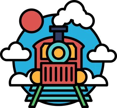 A train is shown with a red engine and a yellow caboose Stock Illustration