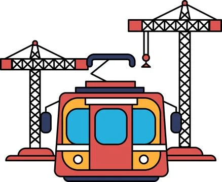 A train is shown with two cranes in the background Illustrazione stock