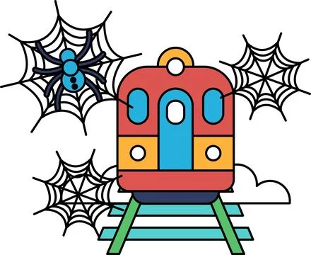 Train sits still on tracks, surrounded by eerie webs Stock Illustration