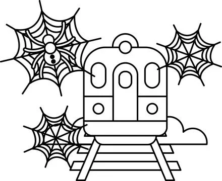 Train sits still on tracks, surrounded by eerie webs Stock Illustration