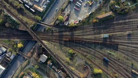 Train slowly passes cross points close Budapest main station, Hungary. Top Stock Footage 140081560