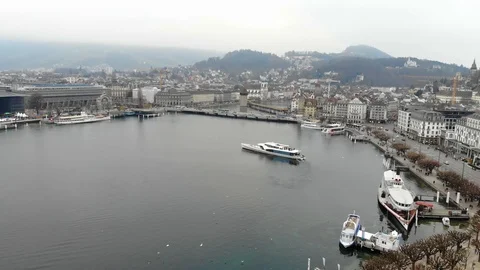 Train Station And the Chapel Bridge (Kappelbrücke) Lucerne, Switzerland Stock Footage 122080790