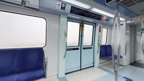 A train station with a blue and white interior Stock Footage 283489071