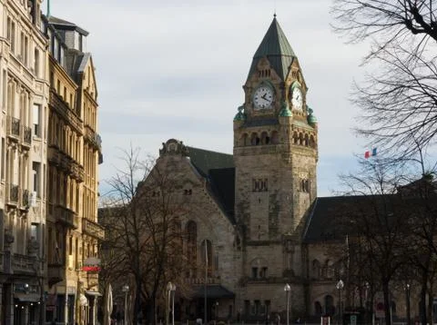 Train station facade with shadow and light in Metz Stock Photos
