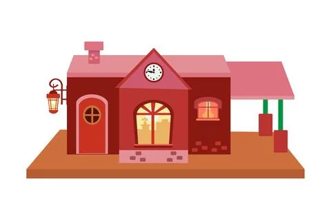 Train station in flat style for design. Canopy, roof, windows and clock. Vector  Illustrazione stock