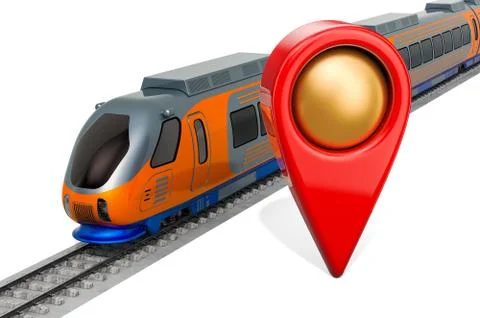 Train station location concept. Map pointer with train, 3D rendering Stock Illustration