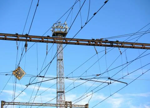 Train station metal tower, constructions and wires Stock Photos