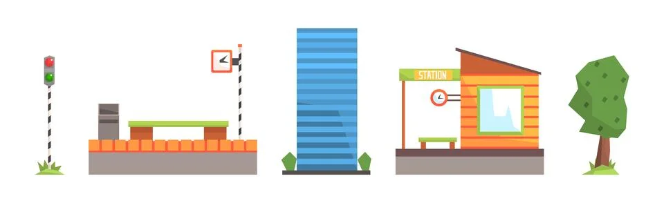 Train Station Object and Different Element Vector Set Illustrazione stock