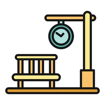 Train station platform with clock and waiting bench Stock Illustration